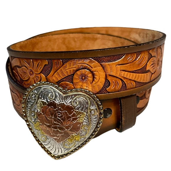 Vintage Accessories - Vintage Wild Rose Cowhide Hand Tooled Leather Floral Belt Metal Heart Buckle